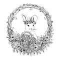 Vector floral easter bunny illustration with flowers, easter eggs, basket, wreath, chocolate candies. black and white easter art.